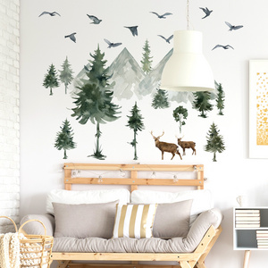 Watercolor painting of mountains rivers and forests Wall Sticker Deep Mountain Elk Decals Living Room Decorative Wallpaper