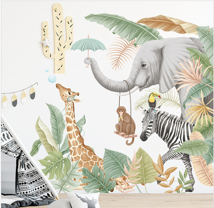 Hot Sales Jungle Animal Wall Sticker Elephant Giraffe Zebra Cartoon Wallpaper Creative Kid's Bedroom Decals Self Adhesive Murals