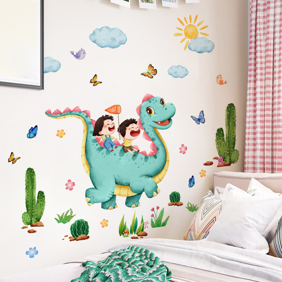 Dinosaur Cactus Clouds Wall Sticker Self-adhesive And Removable Wallpaper For Kids Room