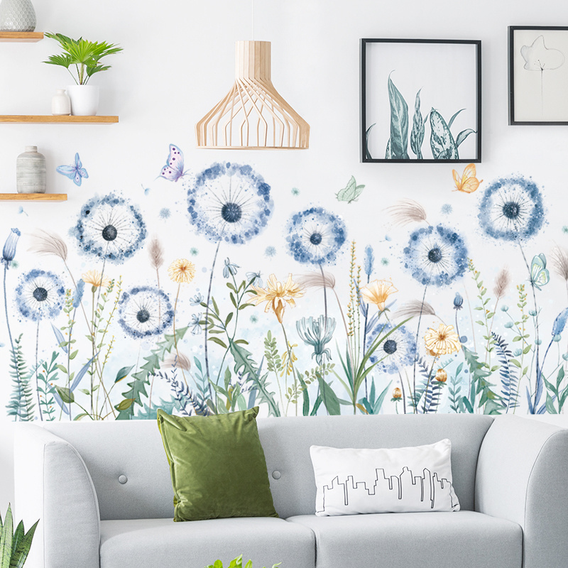 Beautiful Blue Dandelion Stickers Colored Butterflies Wallpaper For Bedroom Self Adhesive TV Background Decorative Wall Decals