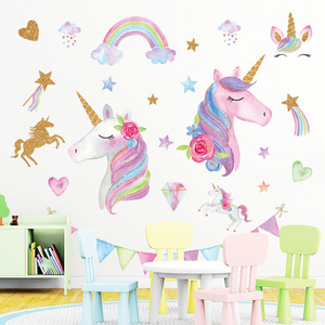 Colorful Unicorn With Flowers Wall Sticker White Horse Rainbow Wallpaper Home Decor For Living Room Stickers Bedroom Wall Decal