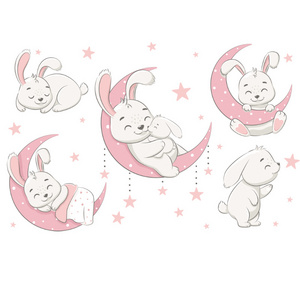 2023 News Sleeping Rabbits On Moon Stickers Cartoon Kid's Bedroom Wallpaper Creative Children's Living Room Decorative Decals