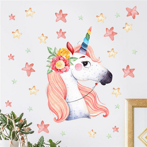 Big Eye Unicorn With Red and Yellow Flower Wall Sticker Pink Green Colorful Stars Wall Decal For Kid's Living Room Bedroom Decor