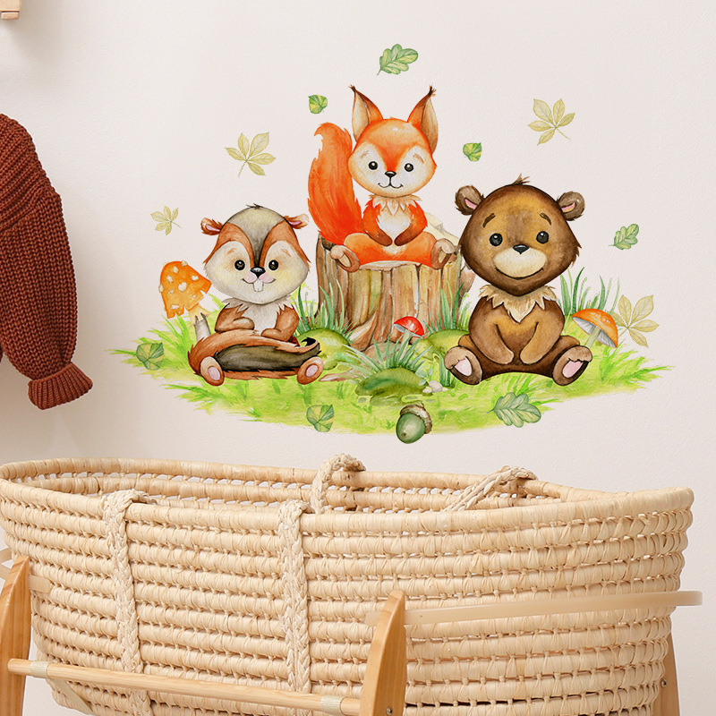 Cartoon animals Wall Sticker Cartoon Squirrel Fox Little Bear Decals  Living Room Decorative Wallpaper