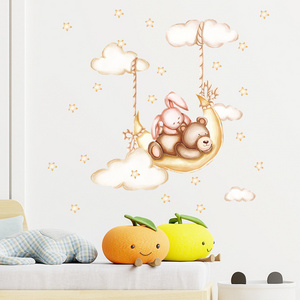 Sleeping Bear Rabbit Wall Sticker Self Adhesive Clouds Stars Bedroom Decals Creative Kid's Living Room Decorative Wallpaper