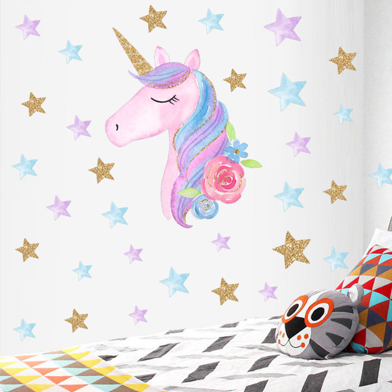 Cartoon stars Unicorn wall stickers Children's bedroom living room decoration wallpaper can be removed self-adhesive stickers