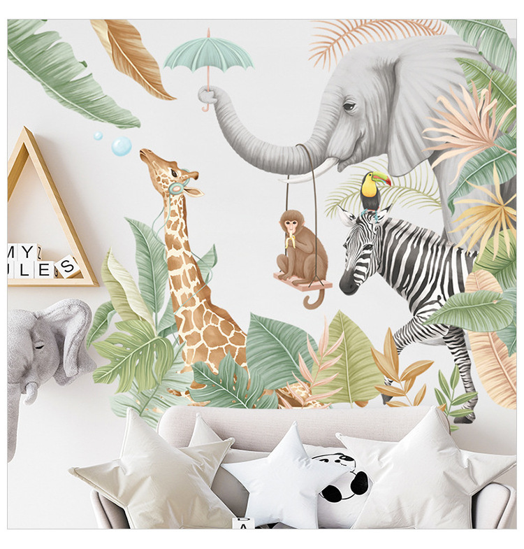 Hot Sales Jungle Animal Wall Sticker Elephant Giraffe Zebra Cartoon Wallpaper Creative Kid's Bedroom Decals Self Adhesive Murals