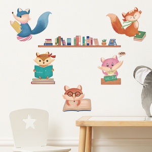 Cartoon Fox Wall Sticker Self Adhesive Fox Reading Bedroom Decals Creative Kid's Living Room Decorative Wallpaper