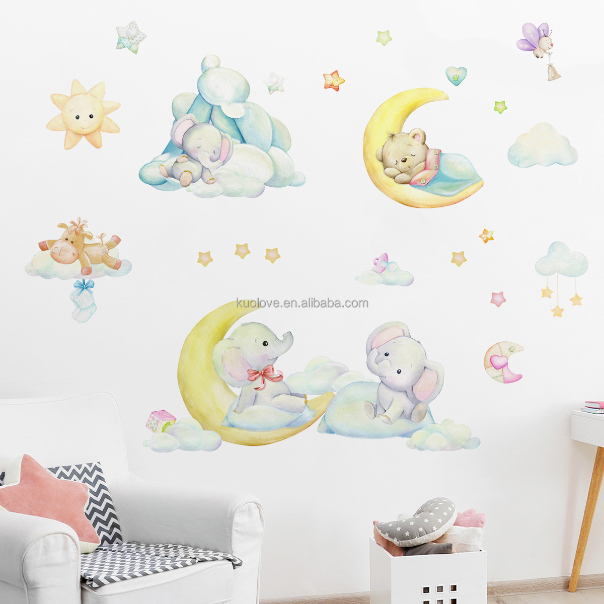 Cartoon animal like bear hot air balloon wall stickers Children's bedroom classroom decoration stickers self-adhesive wallpaper