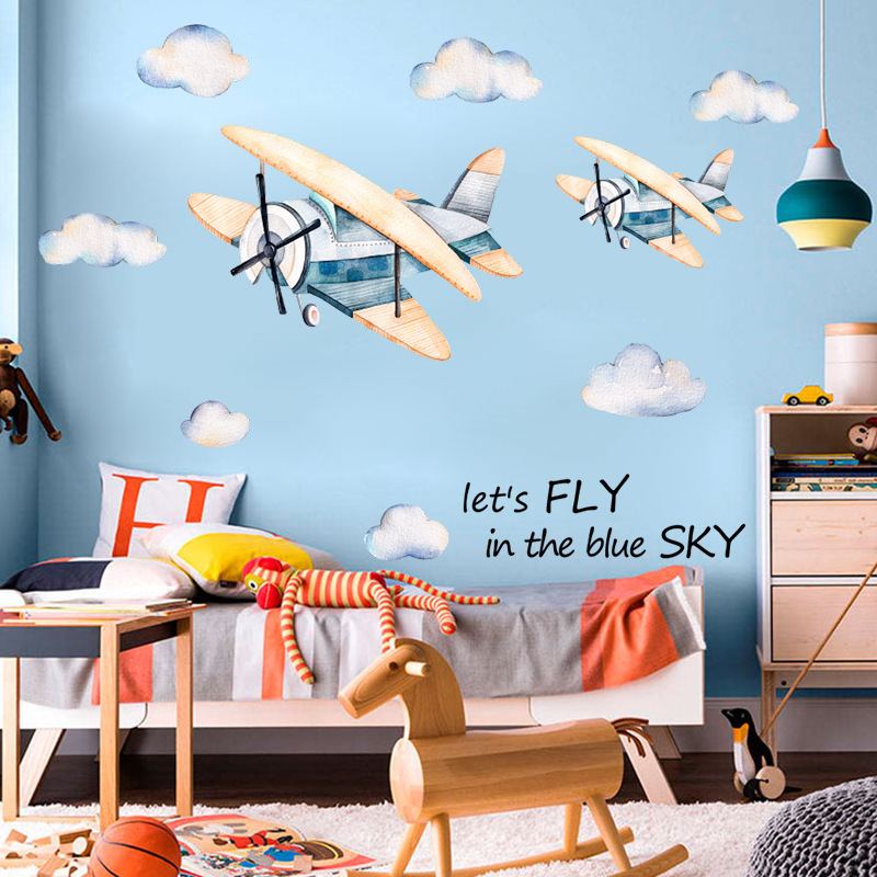 Cartoon Small Airplane Wall Sticker Cute White Cloud Wallpaper Let's Fly in The Blue Sky Wall Decal For Kid's Living Room Decor