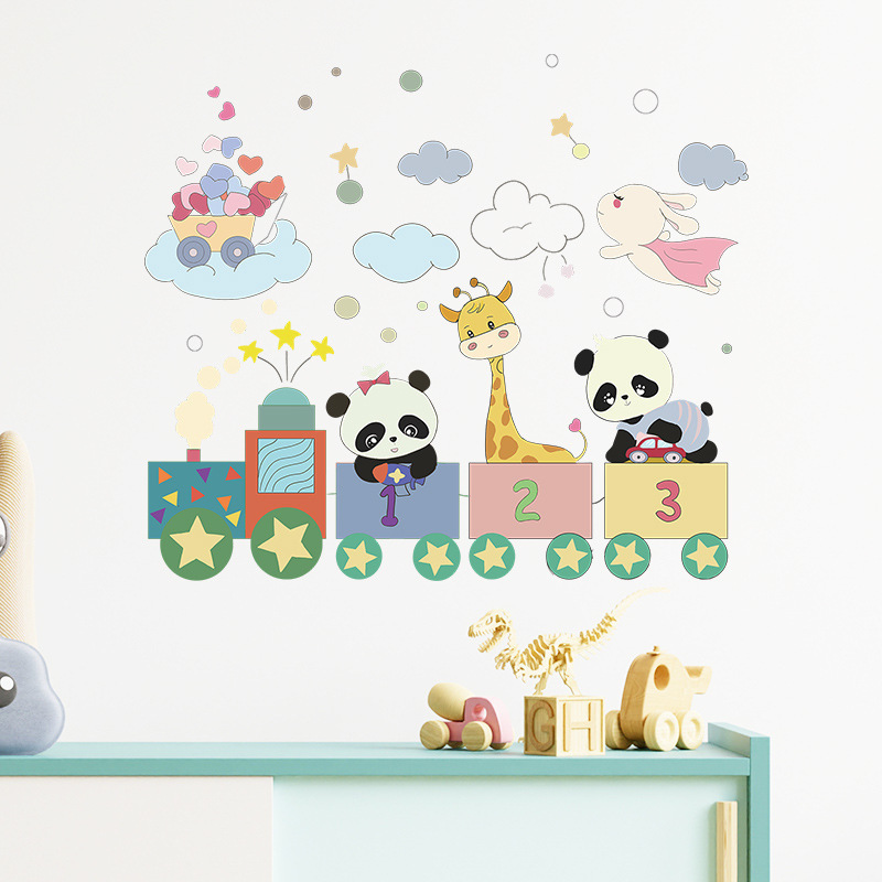 Cartoon Animals Train Wall Sticker Self Adhesive Panda Giraffe Decals Creative Kid's Living Room Decorative Wallpaper