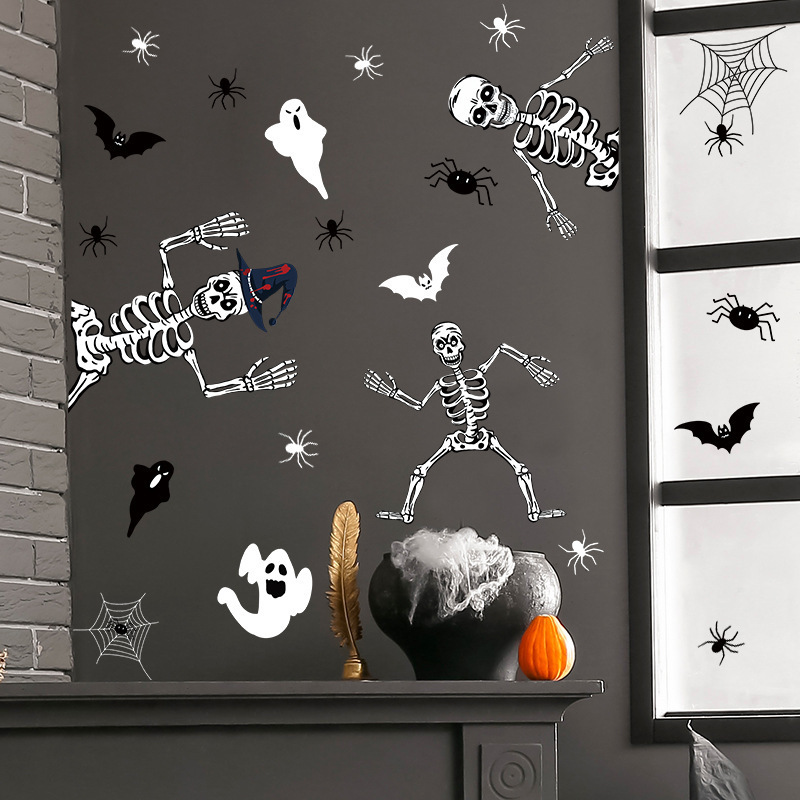 Halloween Horror Skeleton Man Wall Sticker Ghost Bat Spider Decals Living Room Decorative Wallpaper