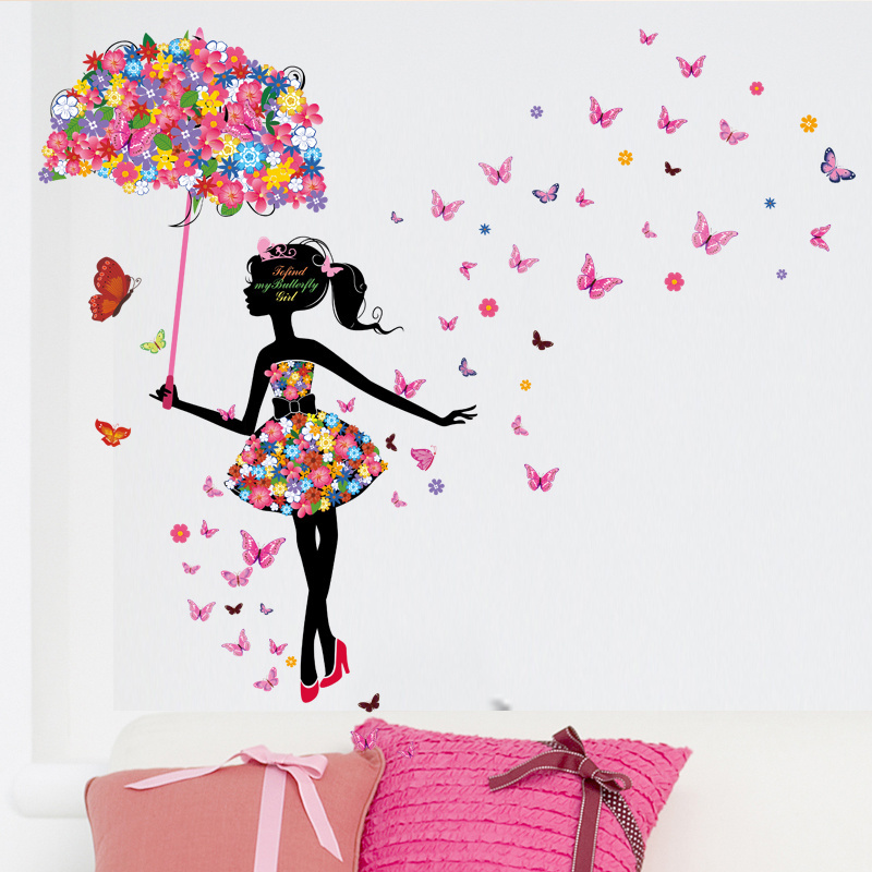 The Beauty With Colorful Butterflies Wall Stickers Elegant Women With Butterfly Dress And Umbrella Wallpaper Romantic Home Decor