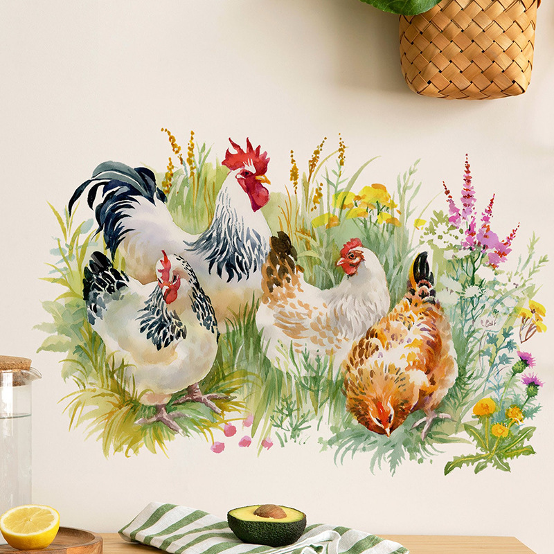 Chinese style chicken flock Wall Sticker Pastoral Grass Chicken Decals  Living Room Decorative Wallpaper