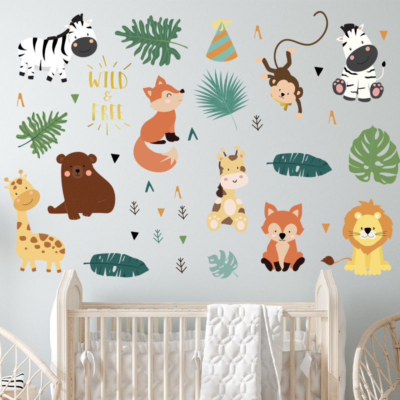 Forest Animals Wall Sticker Cartoon Fox Monkey Lion Bedroom Wallpaper Self Adhesive TV Background Decal Living Room Mural