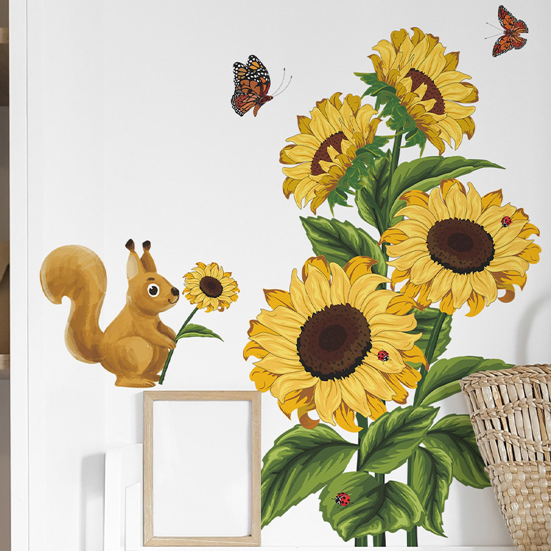 Painted warm sunflower squirrel PVC wall stickers Bedroom living room decoration wallpaper self-adhesive wall stickers