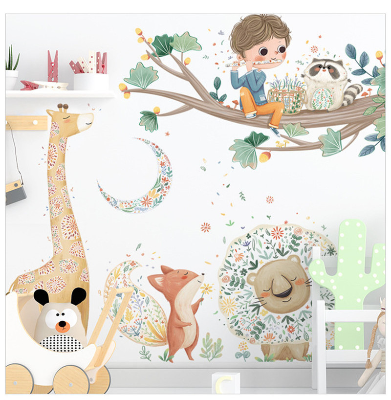 Cute Boy With Giraffe Fox Lion Wallpaper Removable Kid's Bedroom Decoration Children's Living Room Stickers Cartoon Home Decor