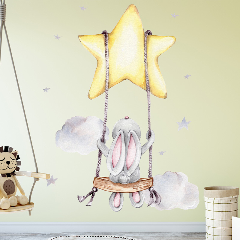 Little Bunny On The Swing Wallpaper Big Golden Star Stickers For Kid's Bedroom Cartoon Children's Decorative Room Wall Mural