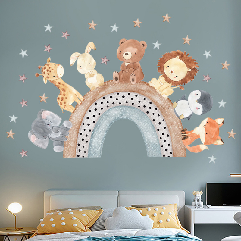 Lion Fox Rabbits Stickers Cartoon Animals Decals Rainbow Stars Bedroom Wallpaper Self Adhesive Living Room Decorative Murals