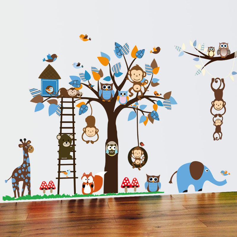 Fashion Cartoon Owl Monkey Wall Sticker Blue Leaves Tree Wallpaper Cute Home Decoration For Kid's Living Room Bedroom Wall Decal