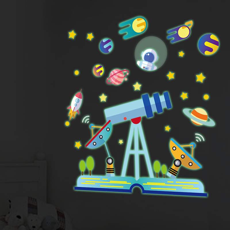 Cartoon Telescope Planet Wallpaper Luminous Stickers Home Decoration For Living Room Bedroom Sofa Background Decor Wall Decal