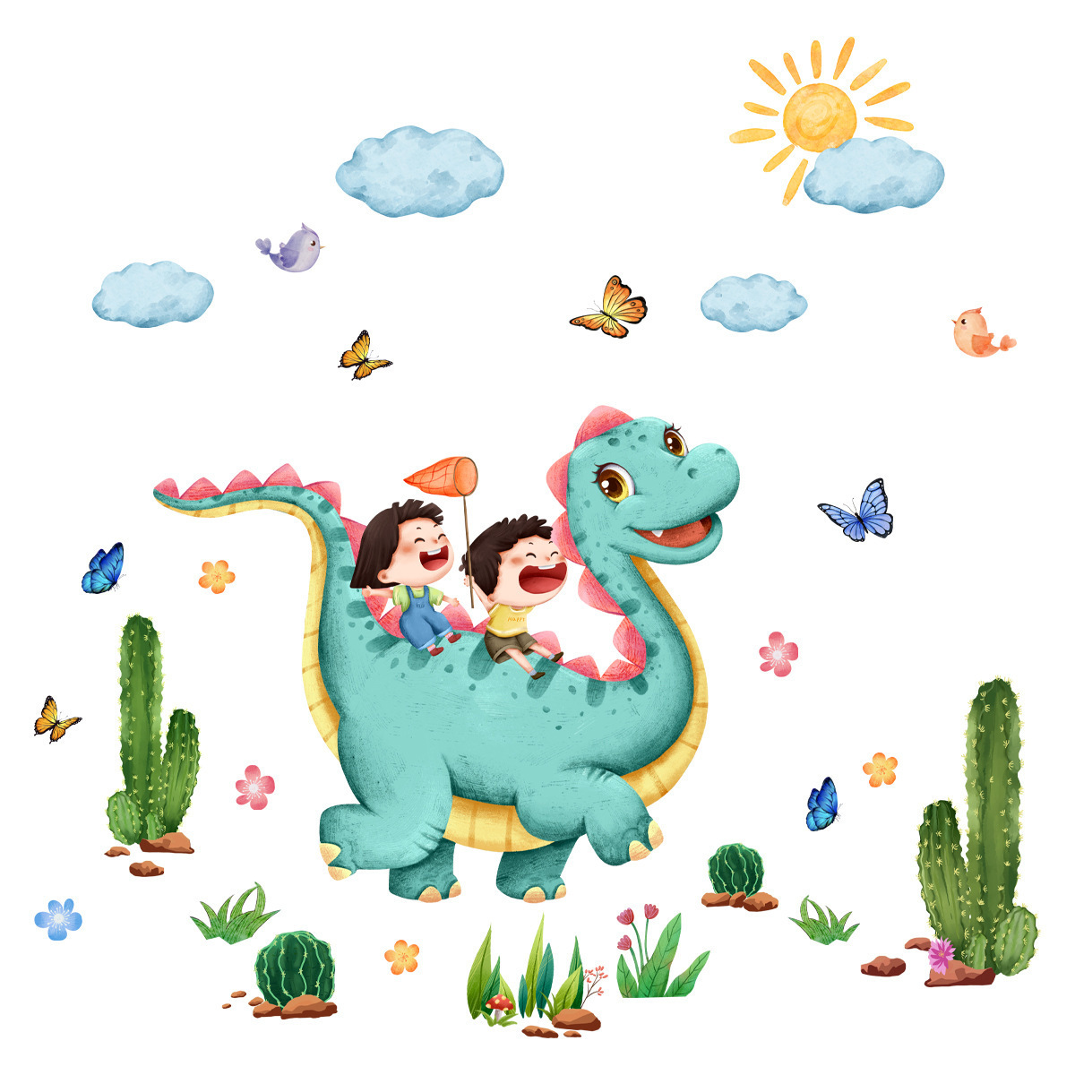 Dinosaur Cactus Clouds Wall Sticker Self-adhesive And Removable Wallpaper For Kids Room