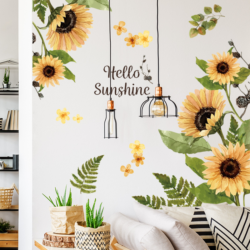 Yellow Sunflower Wall Stickers Green Leaves Wallpaper Hello Sunshine Wall Decal Home Decoration For Living Room Bedroom Sticker