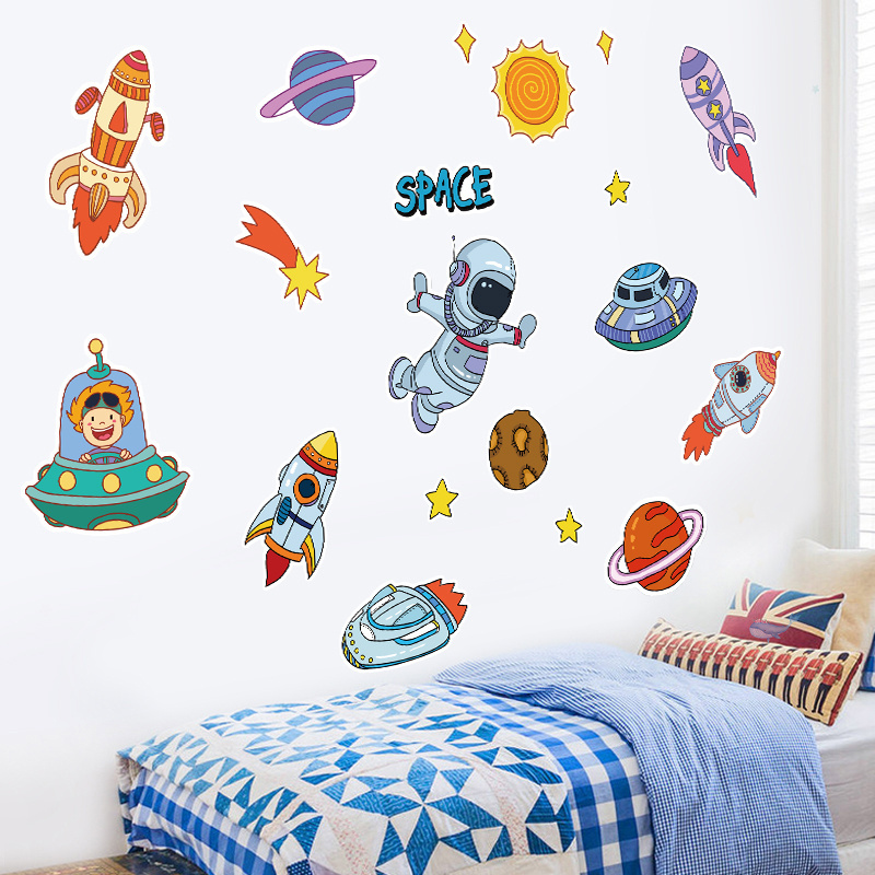 Cartoon Space Ship Astronaut Rocket Wallpaper Kid's Home Decoration Wall Mural For Boy Living Room Stickers Bedroom Wall Decal