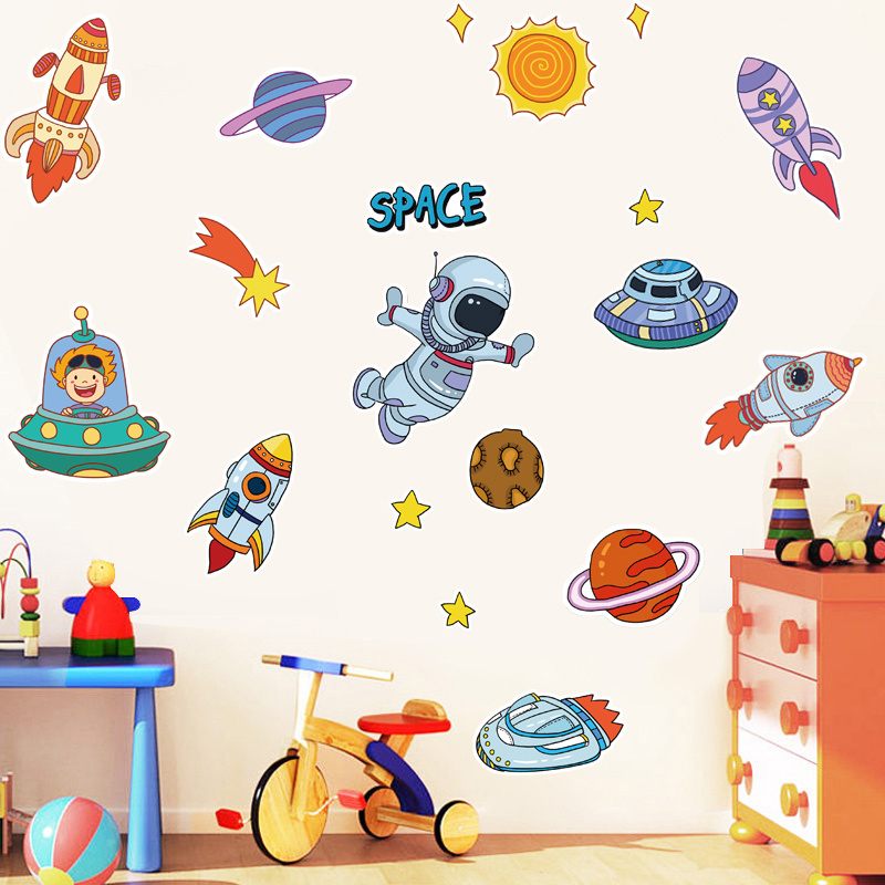 Cartoon Space Ship Astronaut Rocket Wallpaper Kid's Home Decoration Wall Mural For Boy Living Room Stickers Bedroom Wall Decal