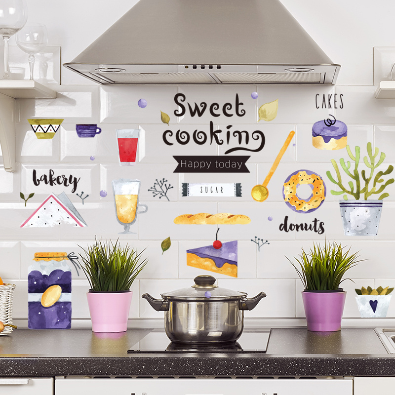 Sweet Cooking Wallpaper Purple Food Logo PVC Removable Wall Sticker For Kitchen Cabinets Stove Refrigerator Decor Wall Decal