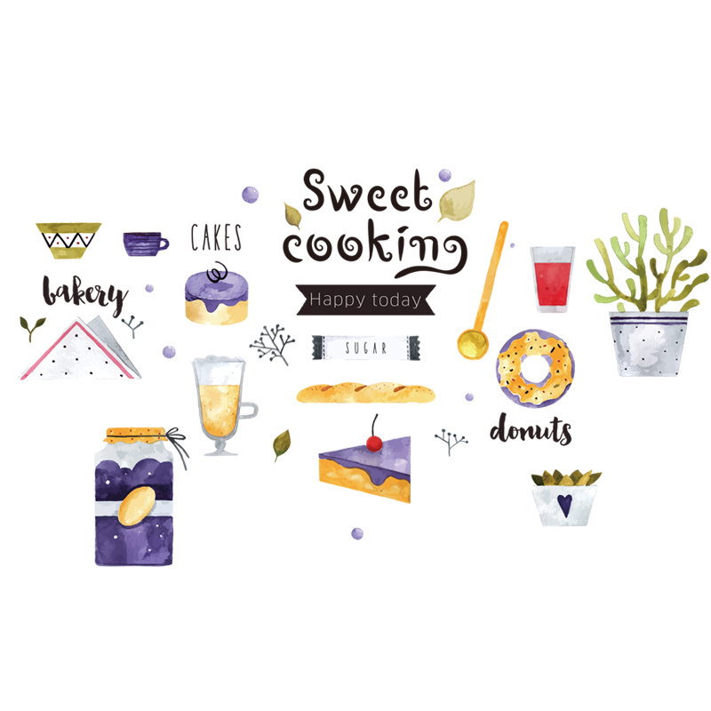 Sweet Cooking Wallpaper Purple Food Logo PVC Removable Wall Sticker For Kitchen Cabinets Stove Refrigerator Decor Wall Decal