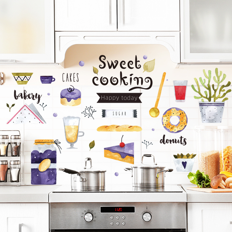 Sweet Cooking Wallpaper Purple Food Logo PVC Removable Wall Sticker For Kitchen Cabinets Stove Refrigerator Decor Wall Decal