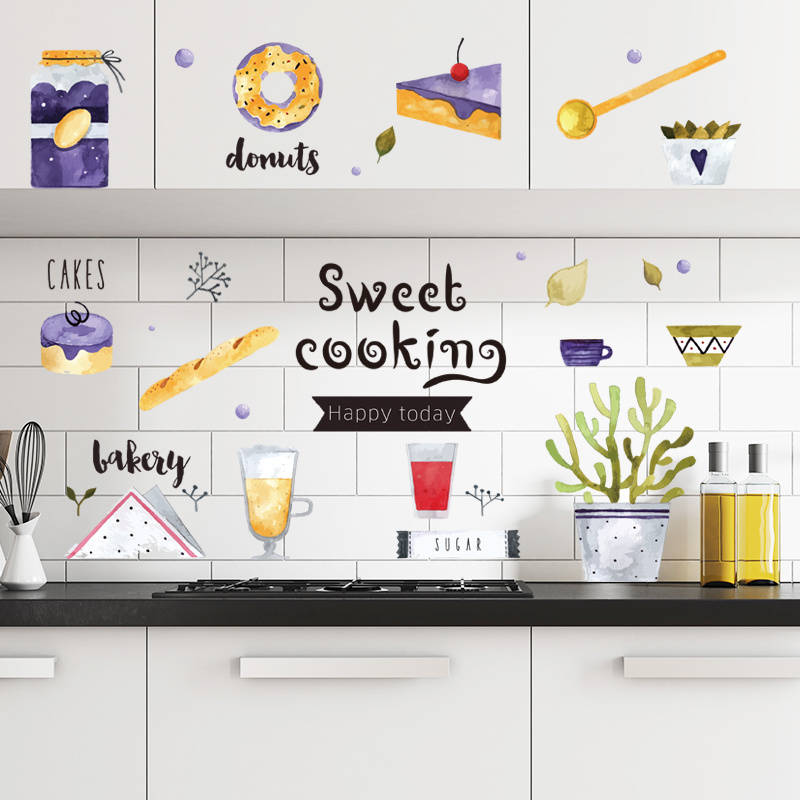 Sweet Cooking Wallpaper Purple Food Logo PVC Removable Wall Sticker For Kitchen Cabinets Stove Refrigerator Decor Wall Decal