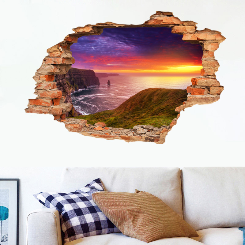 Hot Sale Seascape Broken Wall Sticker 3D The Setting Sun Scenery Wall Mural Home Decor For Living Room TV Background Wallpaper