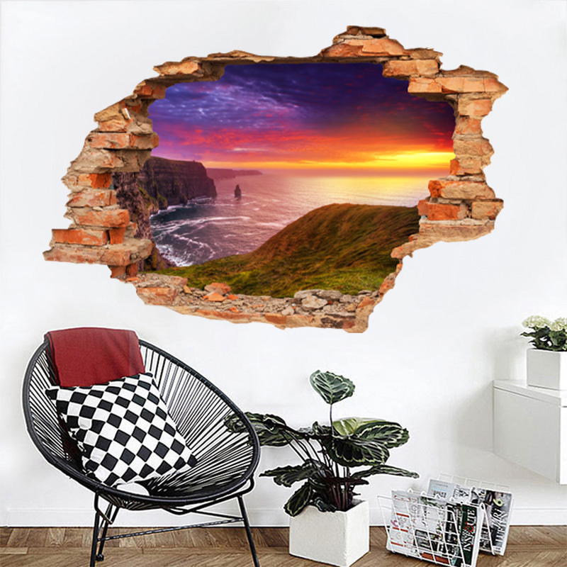 Hot Sale Seascape Broken Wall Sticker 3D The Setting Sun Scenery Wall Mural Home Decor For Living Room TV Background Wallpaper