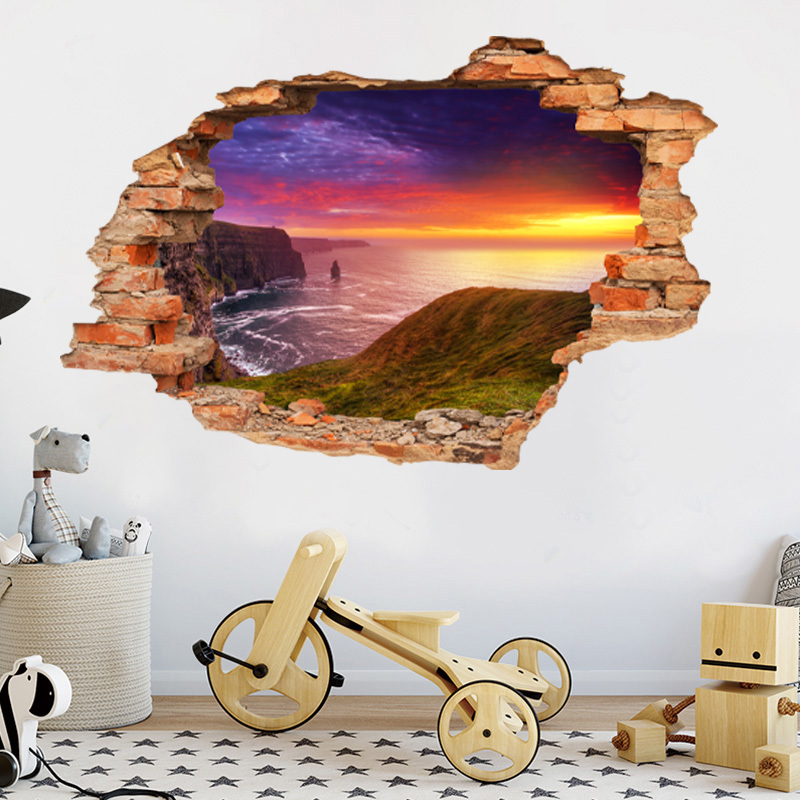 Hot Sale Seascape Broken Wall Sticker 3D The Setting Sun Scenery Wall Mural Home Decor For Living Room TV Background Wallpaper