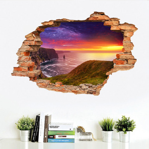 Hot Sale Seascape Broken Wall Sticker 3D The Setting Sun Scenery Wall Mural Home Decor For Living Room TV Background Wallpaper