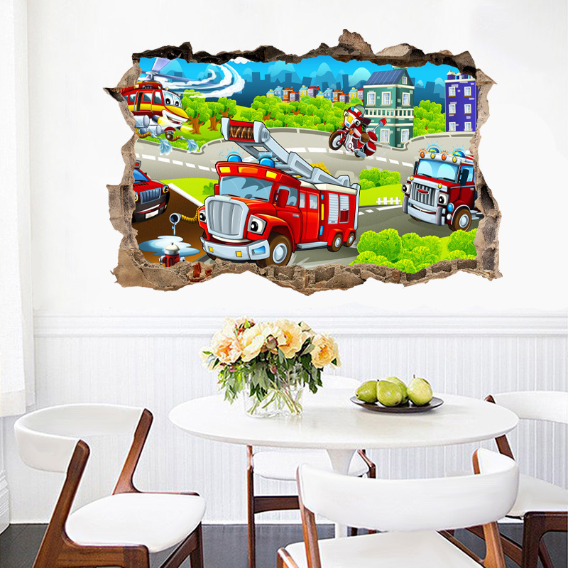 3D Cartoon Fire Fighting Truck Wall Sticker Home Decoration For Kid Living Room Bedroom Wall Mural TV Sofa Background Stickers