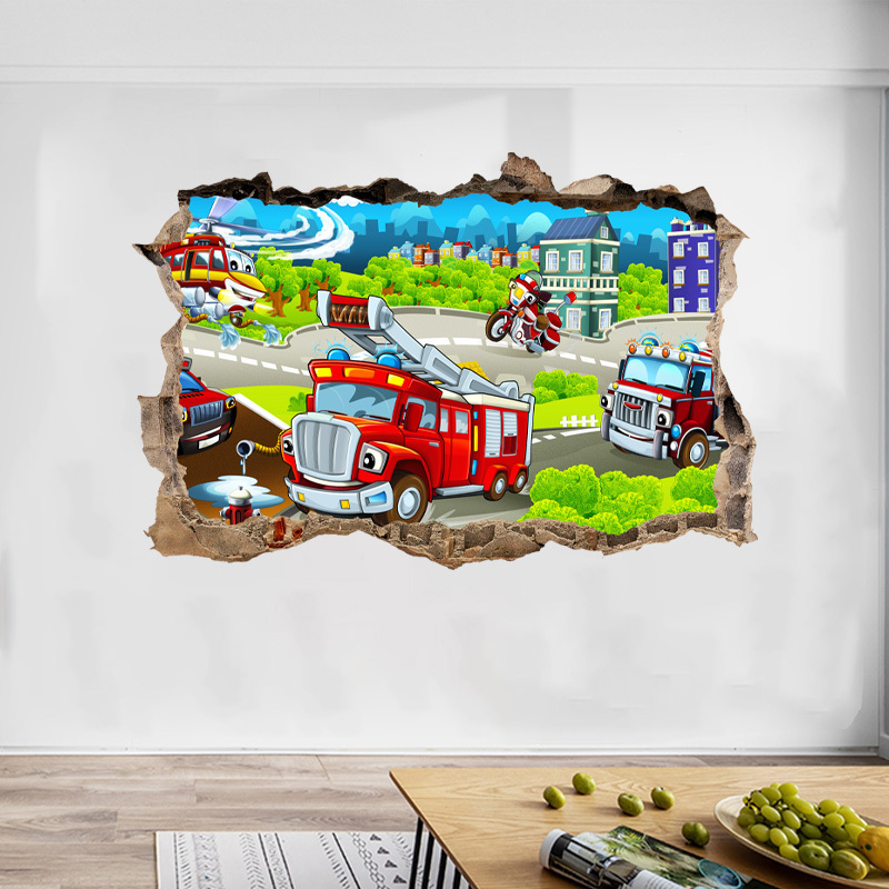 3D Cartoon Fire Fighting Truck Wall Sticker Home Decoration For Kid Living Room Bedroom Wall Mural TV Sofa Background Stickers