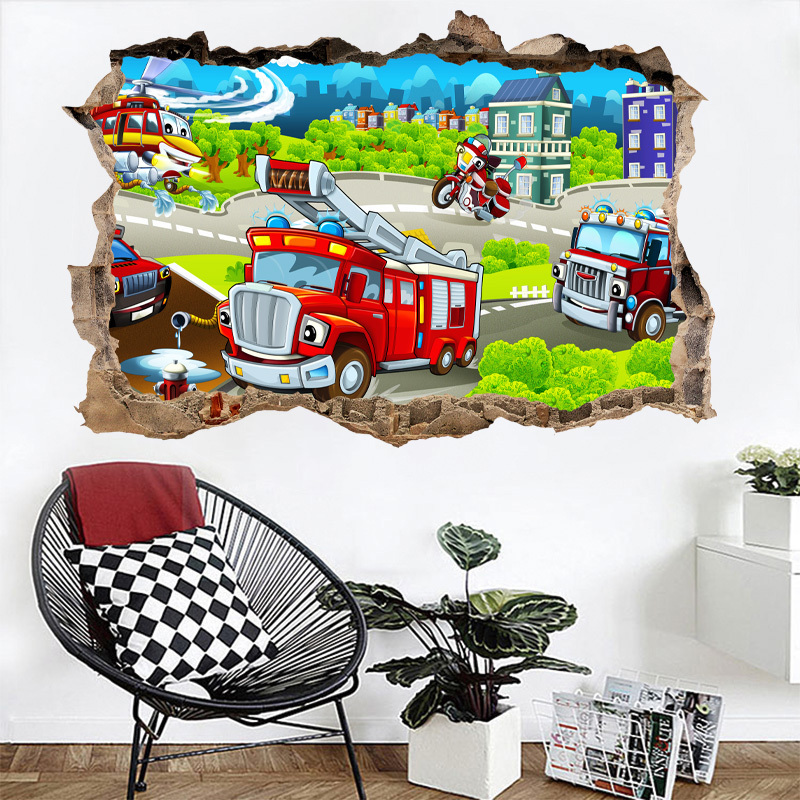 3D Cartoon Fire Fighting Truck Wall Sticker Home Decoration For Kid Living Room Bedroom Wall Mural TV Sofa Background Stickers