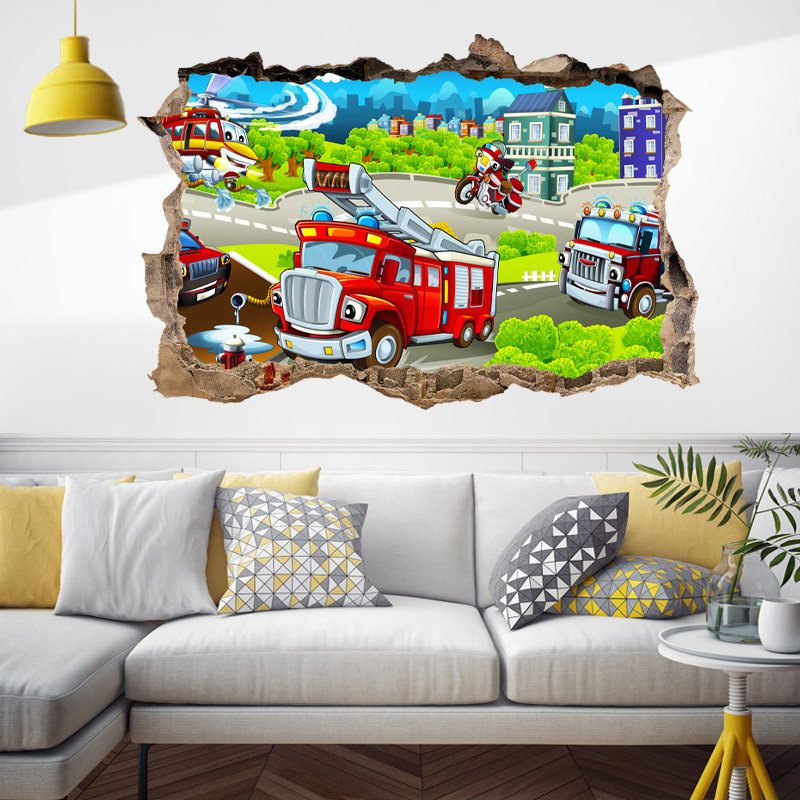 3D Cartoon Fire Fighting Truck Wall Sticker Home Decoration For Kid Living Room Bedroom Wall Mural TV Sofa Background Stickers