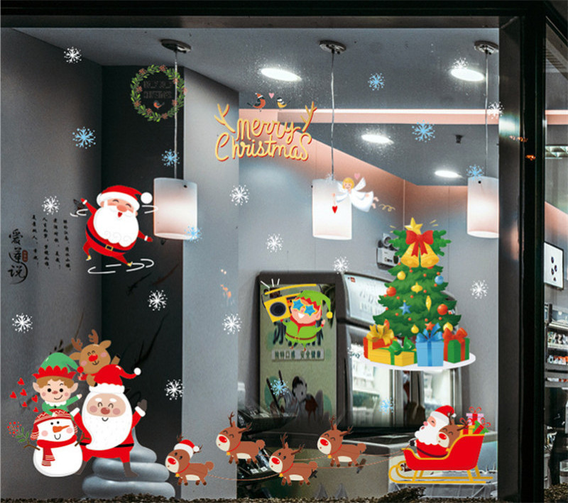 News Merry Christmas Home Decor Wallpaper Xmas Tree Santa Snowflake Wall Stickers For Shopping Mall Glass Door Window Sticker