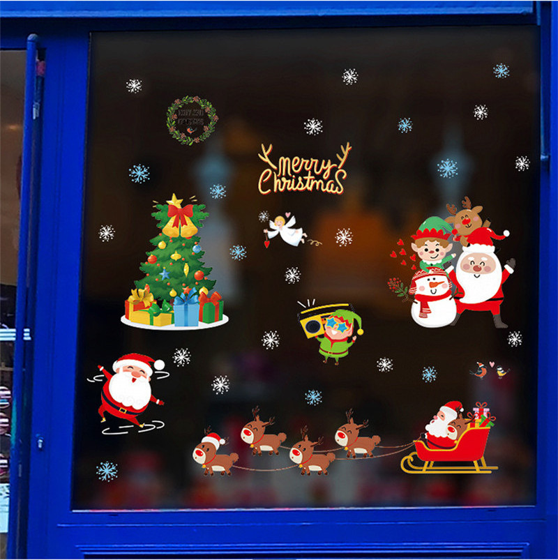 News Merry Christmas Home Decor Wallpaper Xmas Tree Santa Snowflake Wall Stickers For Shopping Mall Glass Door Window Sticker