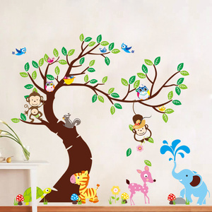 Cartoon Animals Wallpaper Green Leaves Tree Wall Stickers Kid's Living Room Bedroom Decoration Fashion Wall Decal TV Background