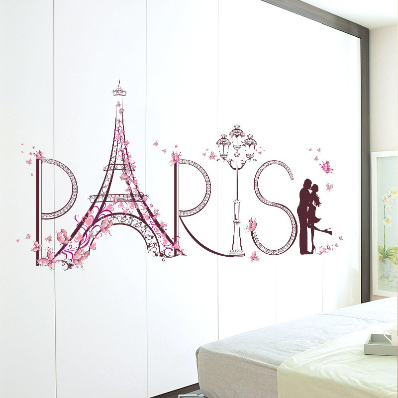 Paris Iron Tower Street Lamp Lovers Wall Stickers Pink Butterflies Wallpaper For Bedroom Living Room Home Decor Wall Mural