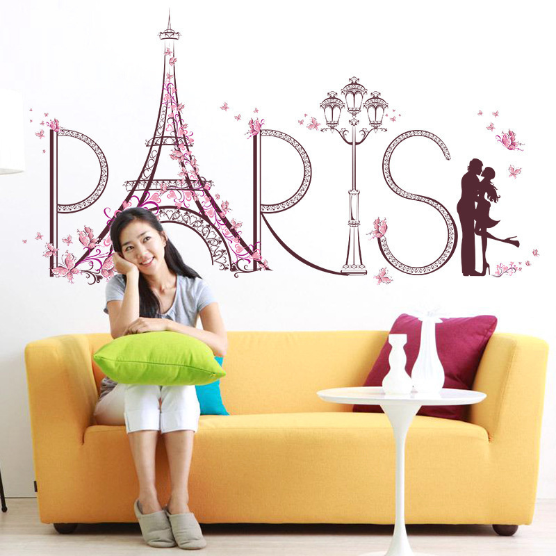 Paris Iron Tower Street Lamp Lovers Wall Stickers Pink Butterflies Wallpaper For Bedroom Living Room Home Decor Wall Mural