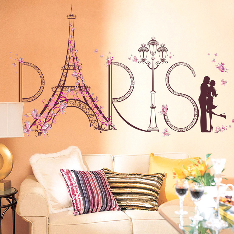 Paris Iron Tower Street Lamp Lovers Wall Stickers Pink Butterflies Wallpaper For Bedroom Living Room Home Decor Wall Mural