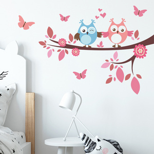 Blue Purple Owl On The Tree Branch Sticker Creative Wall Decal For Kid's Bedroom Fallen Feather Wallpaper Cartoon Wall Mural