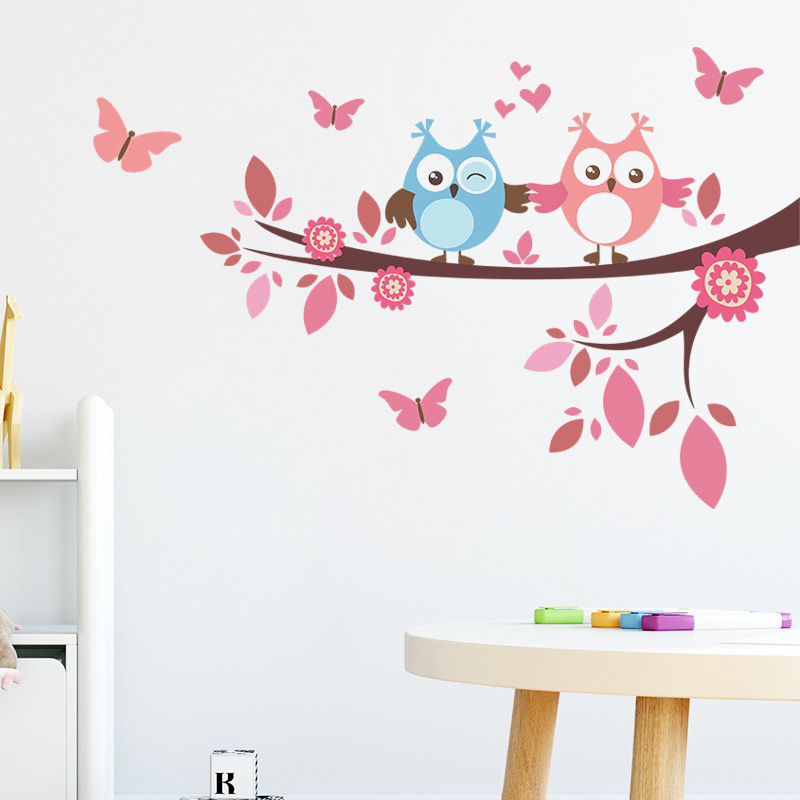 Blue Purple Owl On The Tree Branch Sticker Creative Wall Decal For Kid's Bedroom Fallen Feather Wallpaper Cartoon Wall Mural