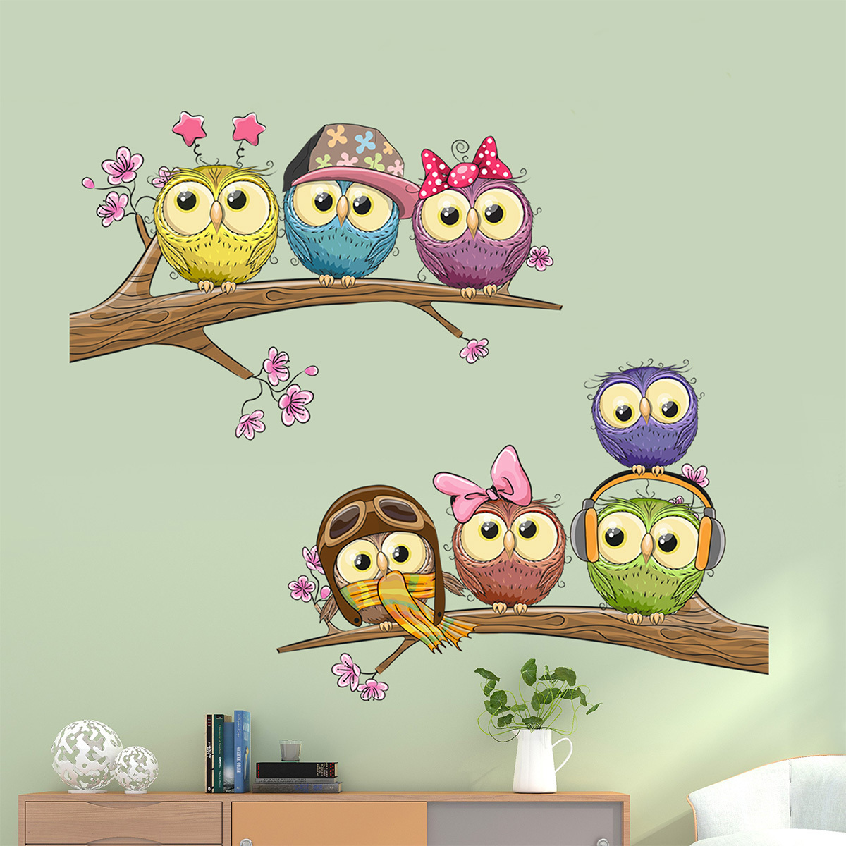 Blue Purple Owl On The Tree Branch Sticker Creative Wall Decal For Kid's Bedroom Fallen Feather Wallpaper Cartoon Wall Mural